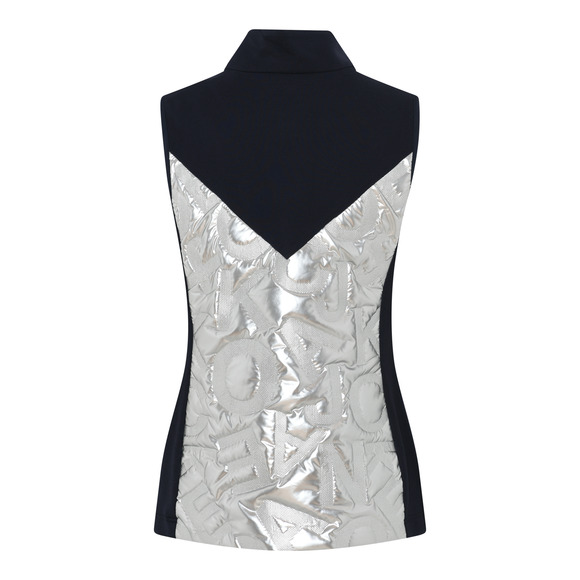 Women's Silver Vest Size 14 Metallic Navy Blue Typography Quilted Zip NWT I'CONA - Picture 2 of 2